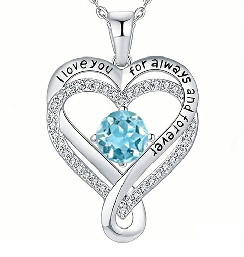 Sterling Silver 12 Month Birthstone Double Heart Pendant Necklace  Engraved with I Love You for Always and Forever