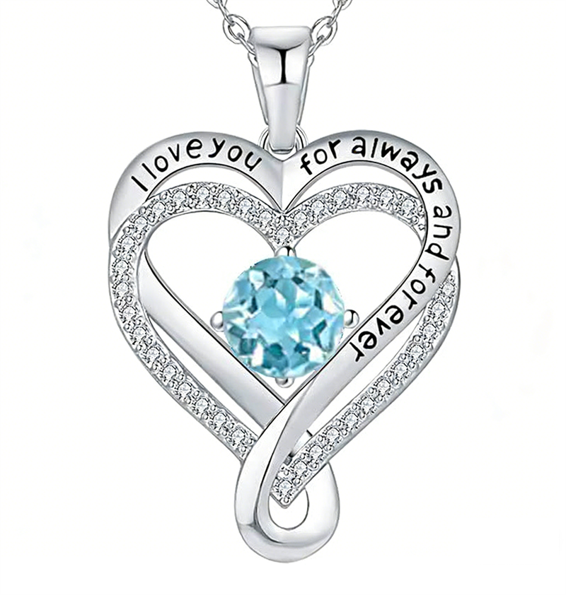 Sterling Silver 12 Month Birthstone Double Heart Pendant Necklace  Engraved with I Love You for Always and Forever