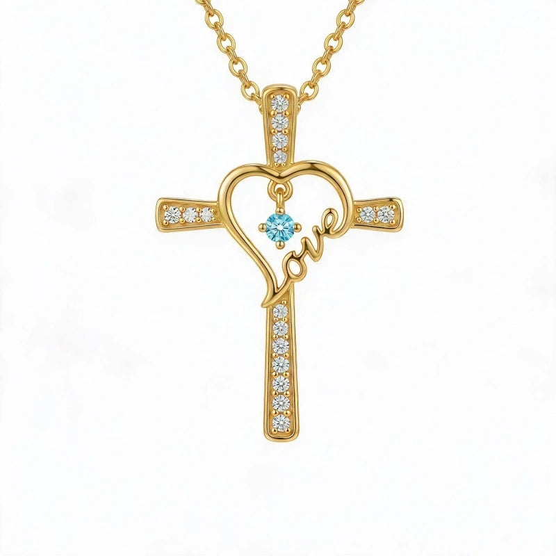 14K Gold Plated  Birthstone  LOVE Heart Cross Necklace for Women Faith Jewelry
