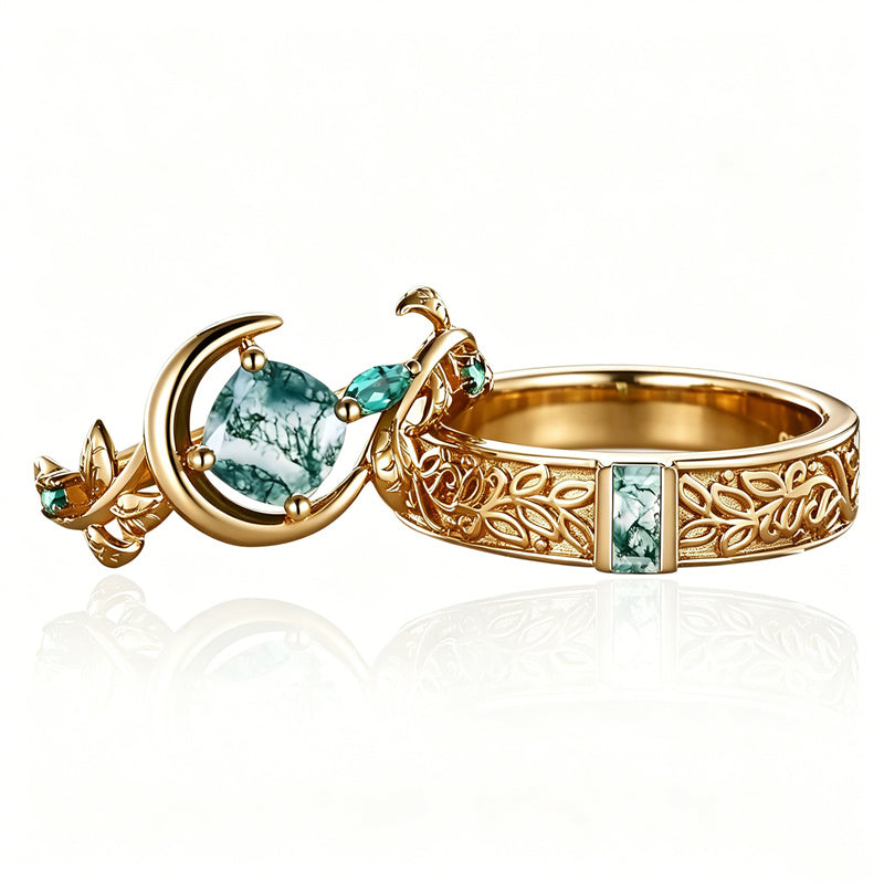 Sterling Silver 10K 14K 18K Gold Natural Leaf  Moss Agate Engagement Anniversary Couple Ring Sets