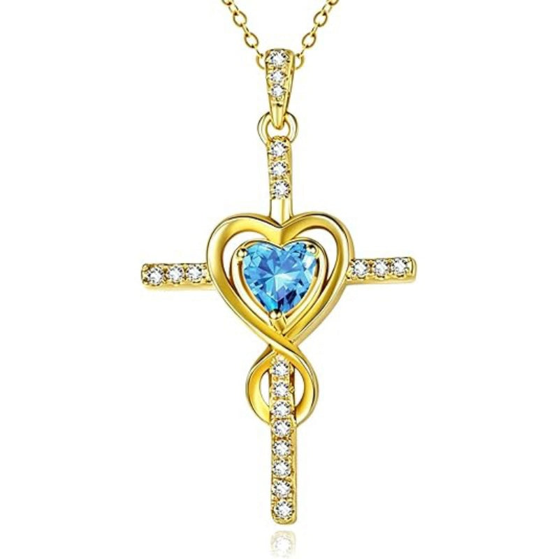 14K Gold Plated Dainty Heart Birthstone Pendant Cross Necklace for Women Religious Gift