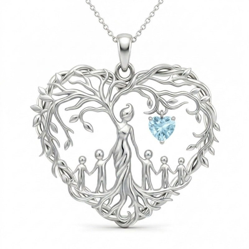 Sterling Silver Heart Pendant Birthstone Tree of Life Mother Child Family Necklace