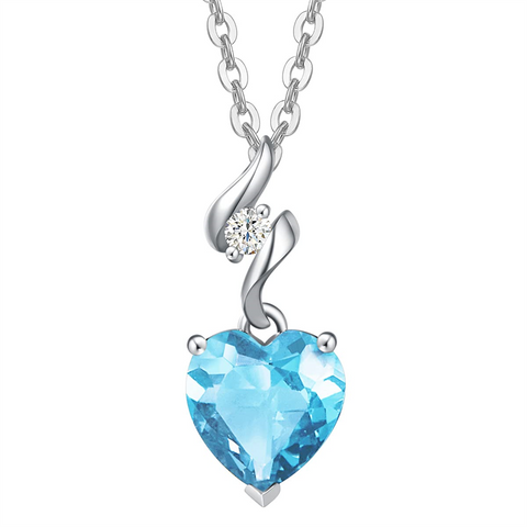 14K Solid White Gold Gemstone Pendant with Sterling Silver Chain Heart Birthstone Necklace Anniversary Gift