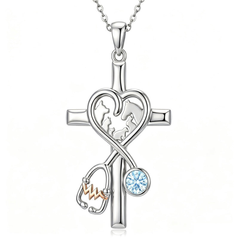 14K Gold Plated  Birthstone Stethoscope Cross Necklace Graduation Gifts for Women RN