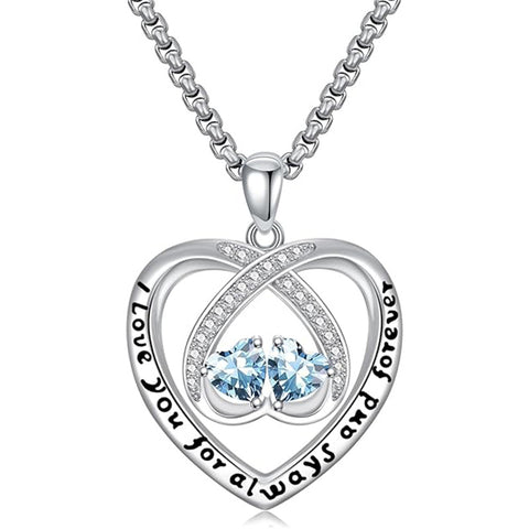 Sterling Silver Double Heart Birthstone Pendant Necklace Engraved with I Love You for Always and Forever