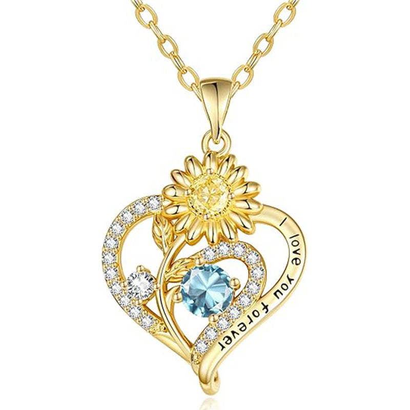 Sterling Sliver Birthstone Love Heart & Sunflower Pendant Necklace Engraved With You Are My Sunshine
