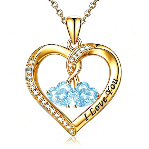 14K Gold Plated Double Heart Birthstone Rose Pendant Necklace for Women