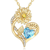 Sterling Sliver Birthstone Love Heart & Sunflower Pendant Necklace Engraved With You Are My Sunshine