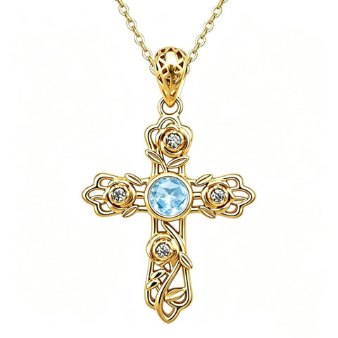 14K Gold Plated Round Cubic Zirconia Filigree Rose Cross Necklace for Women