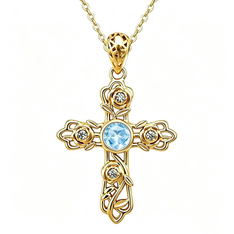 14K Gold Plated Round Cubic Zirconia Filigree Rose Cross Necklace for Women