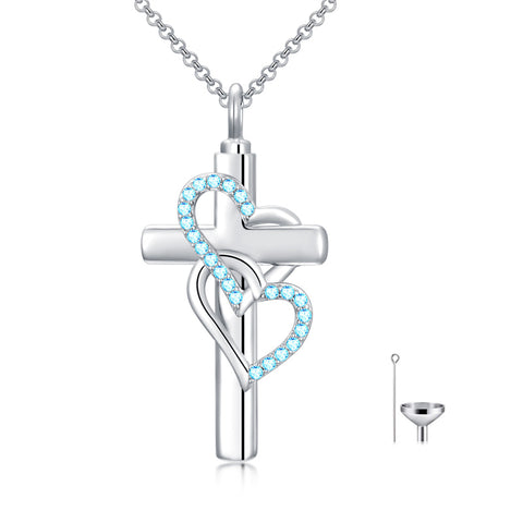Sterling Silver Birthstone Cross Urn Necklace for Ashes