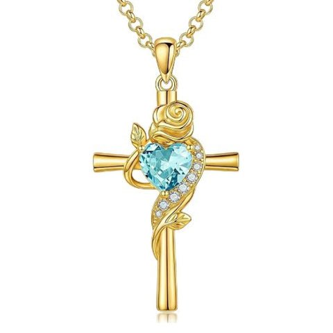 14K Gold Plated Birthstone Rose Cross Necklace for Women Faith Jewelry Gift