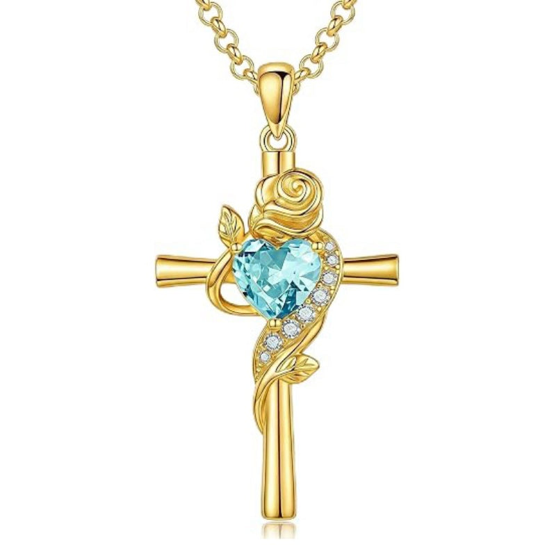 14K Gold Plated Birthstone Rose Cross Necklace for Women Faith Jewelry Gift
