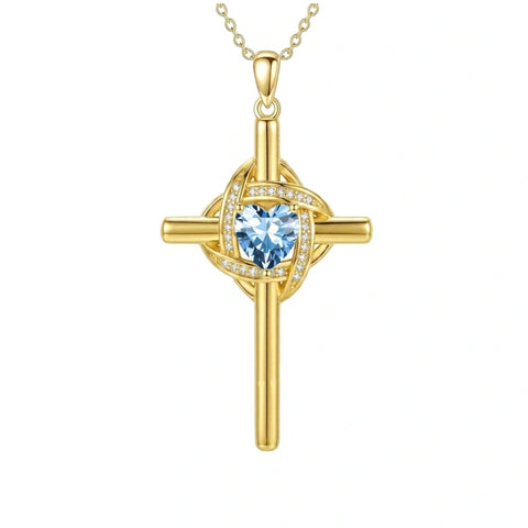 10K 14K 18K Gold Birthstone Cross Pendant Necklace Christian Jewelry