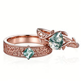 Sterling Silver 10K 14K 18K Gold Natural Leaf  Moss Agate Engagement Anniversary Couple Ring Sets