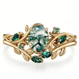 Sterling Silver 10K 14K 18K Gold 2CT Moss Agate Vine Leaf Women's Bridal Ring Sets for Wedding Engagement