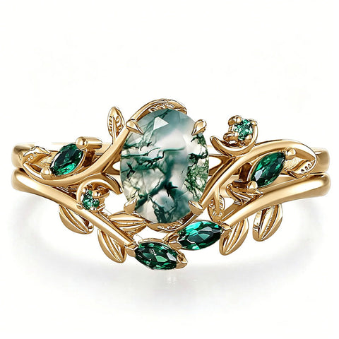 Sterling Silver 10K 14K 18K Gold 2CT Moss Agate Vine Leaf Women's Bridal Ring Sets for Wedding Engagement