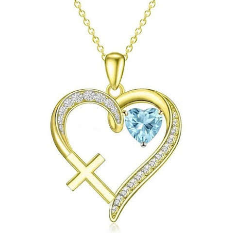 14K Gold  Plated 12 Months Birthstone  Heart Cross Pendant Necklace  for Women