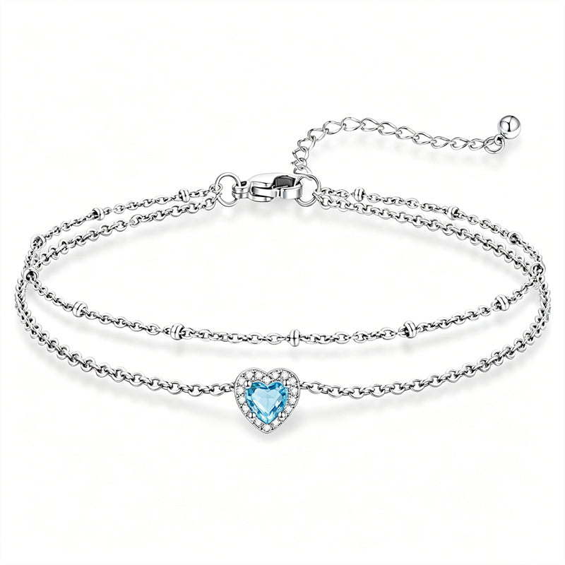 Sterling Silver Birthstone Double Layer Anklet for Beach Weddings, Summer Vacations & Pool Parties