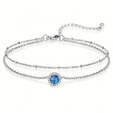 Sterling Silver Birthstone Double Layer Anklet for Beach Weddings, Summer Vacations & Pool Parties
