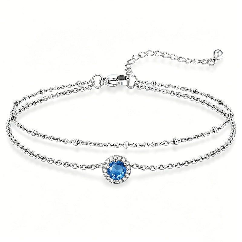 Sterling Silver Birthstone Double Layer Anklet for Beach Weddings, Summer Vacations & Pool Parties