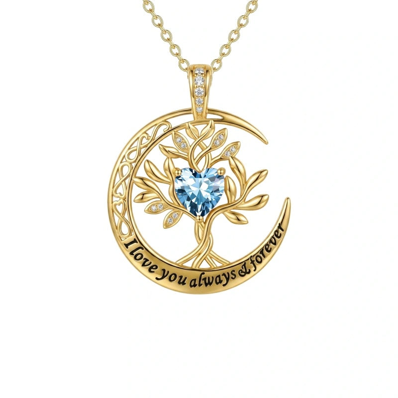 10K 14K 18K Gold Birthstone Tree of Life Pendant Necklace Engraved with I Love You Always & Forever