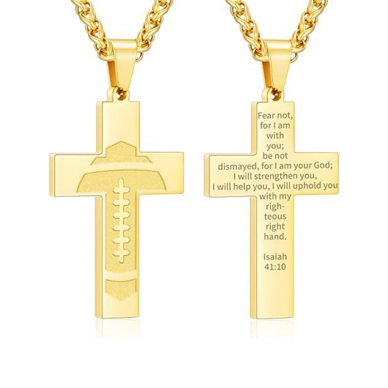 14K Gold Plated Bible Verse Football Cross Pendant Necklace