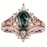 Sterling Silver 10K 14K  18K Gold Personalized Engraved Moss Agate Gothic Promise Wedding Engagement Black Ring Set