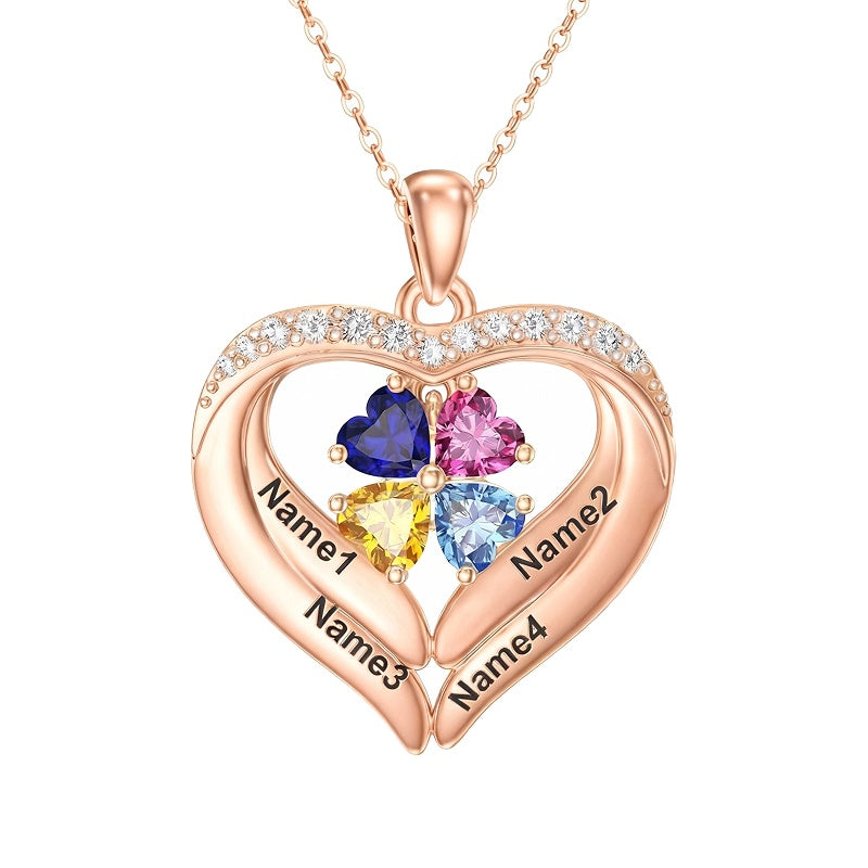 14K Gold Plated Personalized 1-5 Heart Birthstone Names Necklace  for Women
