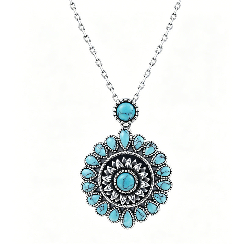 Sterling Silver Turquoise Cone Sunflower Tree of Life Pendant Necklace