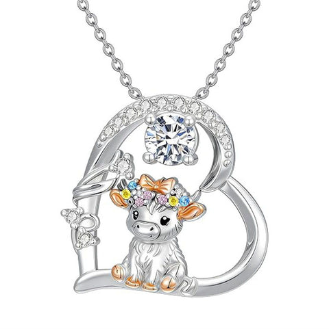 Sterling Silver Round Heart Birthstone Highland Cow Pendant Necklace Fluffy Cow Jewelry Gifts Birthday Christmas