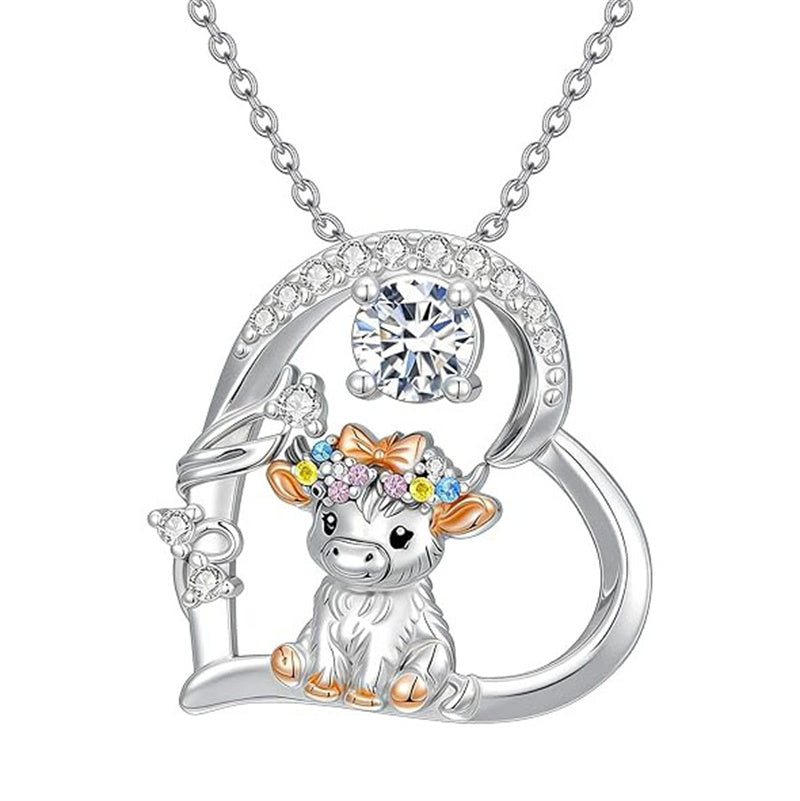 Sterling Silver Round Heart Birthstone Highland Cow Pendant Necklace Fluffy Cow Jewelry Gifts Birthday Christmas