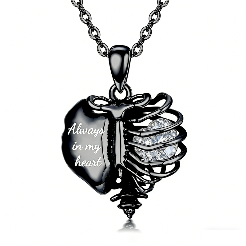 Sterling Silver Black Heart Skeleton Necklace With Engraved
