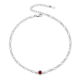 Figaro Anklets for Women, Sterling Silver Diamond Cut 3mm Link Chain Ankle Bracelet with Round Birthstone, Length 8.5"-10.5"