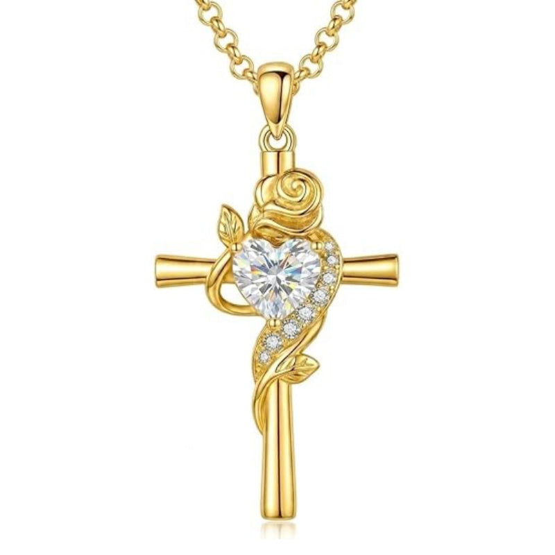 14K Gold Plated Birthstone Rose Cross Necklace for Women Faith Jewelry Gift