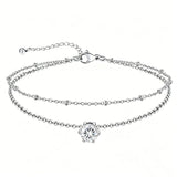 Sterling Silver  Round Birthstone Double Layer Charm Anklet