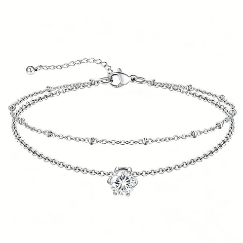 Sterling Silver  Round Birthstone Double Layer Charm Anklet