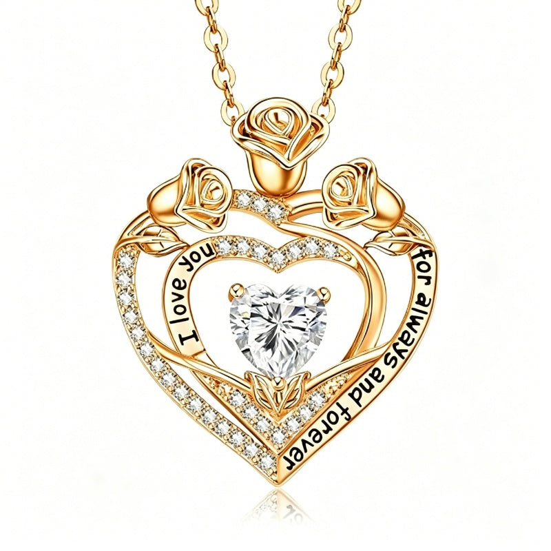 14K Gold Plated Rose Heart Birthstone Necklace for Women Engraved with I Love You for Always and Forever