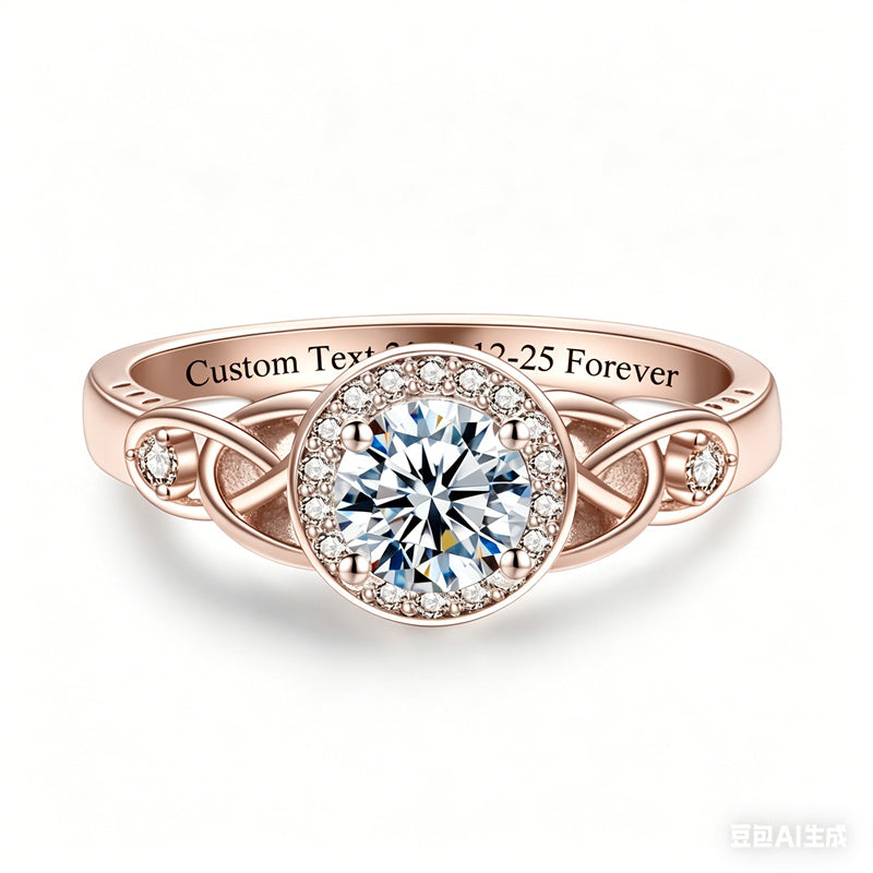 Sterling Silver 10K 14K 18K Gold  Personalized Engraved Moissanite Celtic Knot Wedding Engagement Ring