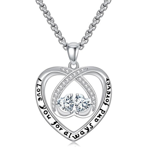 Sterling Silver Double Heart Birthstone Pendant Necklace Engraved with I Love You for Always and Forever