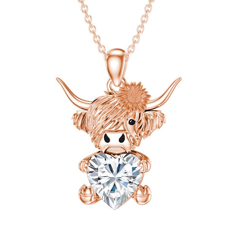 14K Gold Heart Birthstone Highland Cow Pendant Necklace