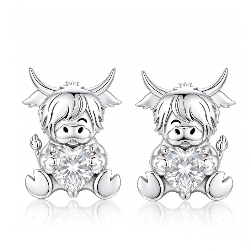 Sterling Silver 12 Month Birthstone Highland Cow Stud Earrings Christmas Gift