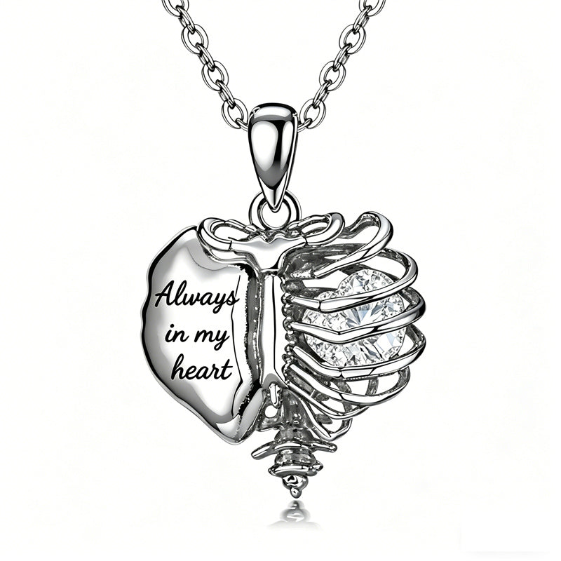 Sterling Silver Black Heart Skeleton Necklace With Engraved