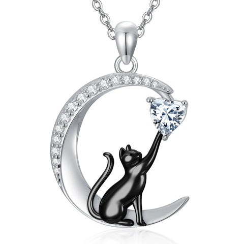 Sterling Silver Heart Birthstone Cat Pendant Necklace