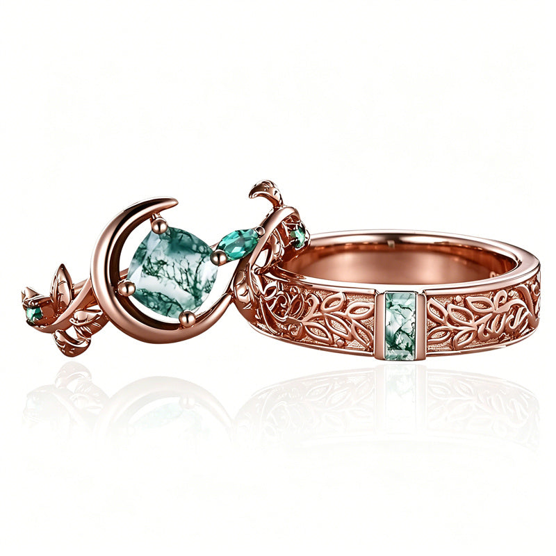 Sterling Silver 10K 14K 18K Gold Natural Leaf  Moss Agate Engagement Anniversary Couple Ring Sets