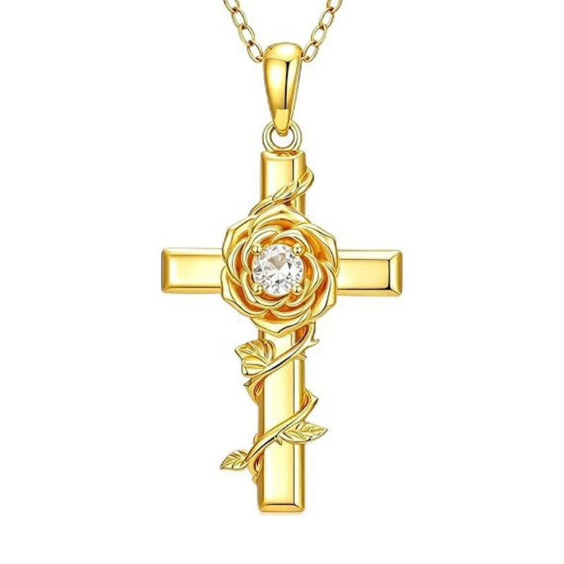 Birthstone Cross 14K Gold Plated Pendant Rose Cross Necklace for Women