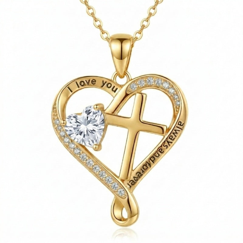 14K Gold Plated Heart  Birthstone Cross Necklace Engraved with I Love You Always and Forever