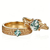 Sterling Silver 10K 14K 18K Gold Natural Leaf  Moss Agate Engagement Anniversary Couple Ring Sets