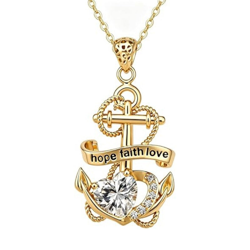 14K Gold Plated Heart Birthstone Anchor Necklace Engraved with Hope Faith Love