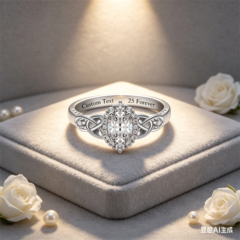 Sterling Silver 10K 14K 18K Gold  Personalized Engraved Moissanite Celtic Knot Wedding Engagement Ring